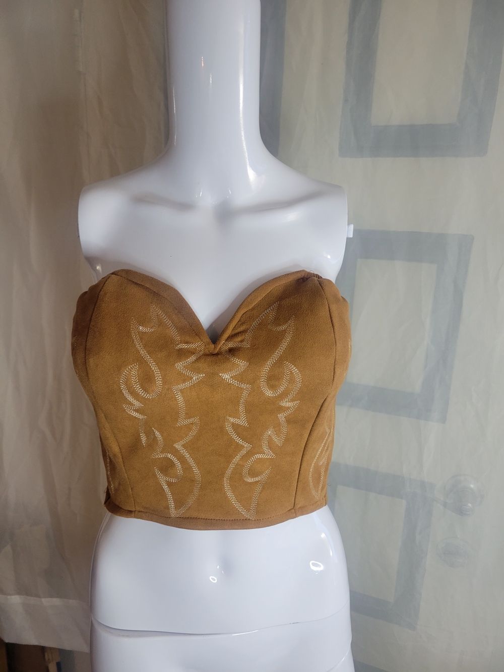 Suede Strapless Bustier Crop Top in Camel Tan